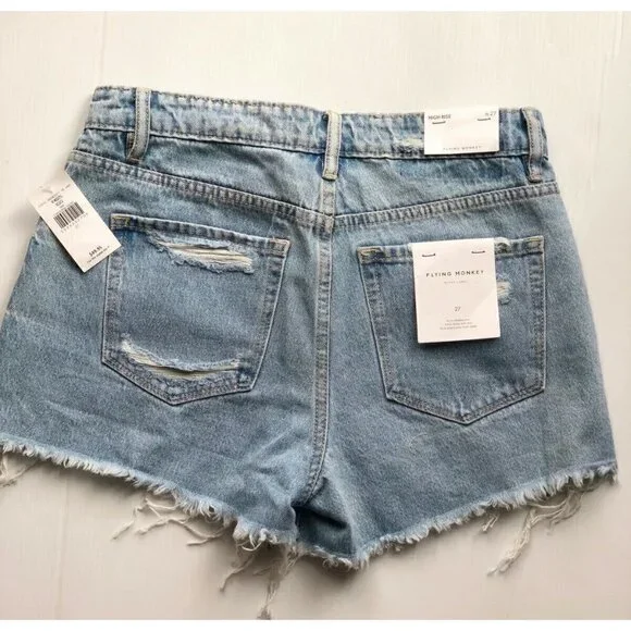 Flying monkey Womens Destruct Denim High Rise Frayed Hem Shorts Size 25, 27 - Picture 7 of 12